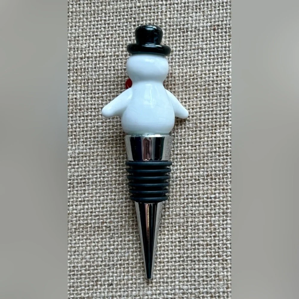 Glass Snowman Metal Bottle Stopper Barware Christmas Kitsch Holiday Whimsical